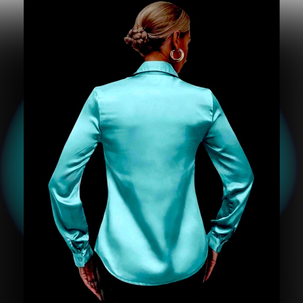 Satin blouse silky silk button down shirt top robins egg blue S aqua 4 Spring 6
